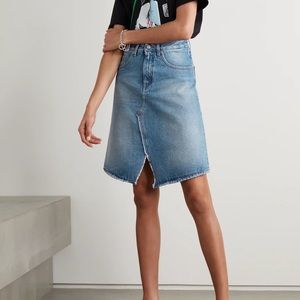 Hint distressed asymmetric, split hemline denim skirt